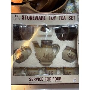 Small ,Miniature Stoneware Pottery 12 pc Tea Set Brown w/Wheat Design